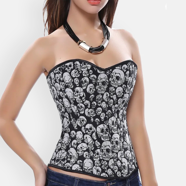 corset bustier gothique motif crâne en détail