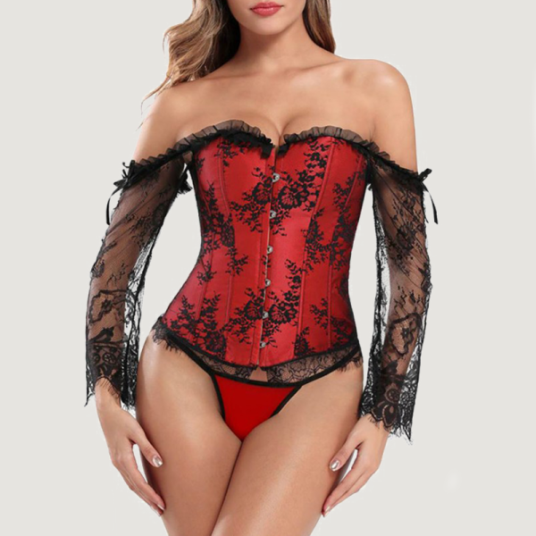 Corset en dentelle noire et rouge bustier discrètement mis en valeur